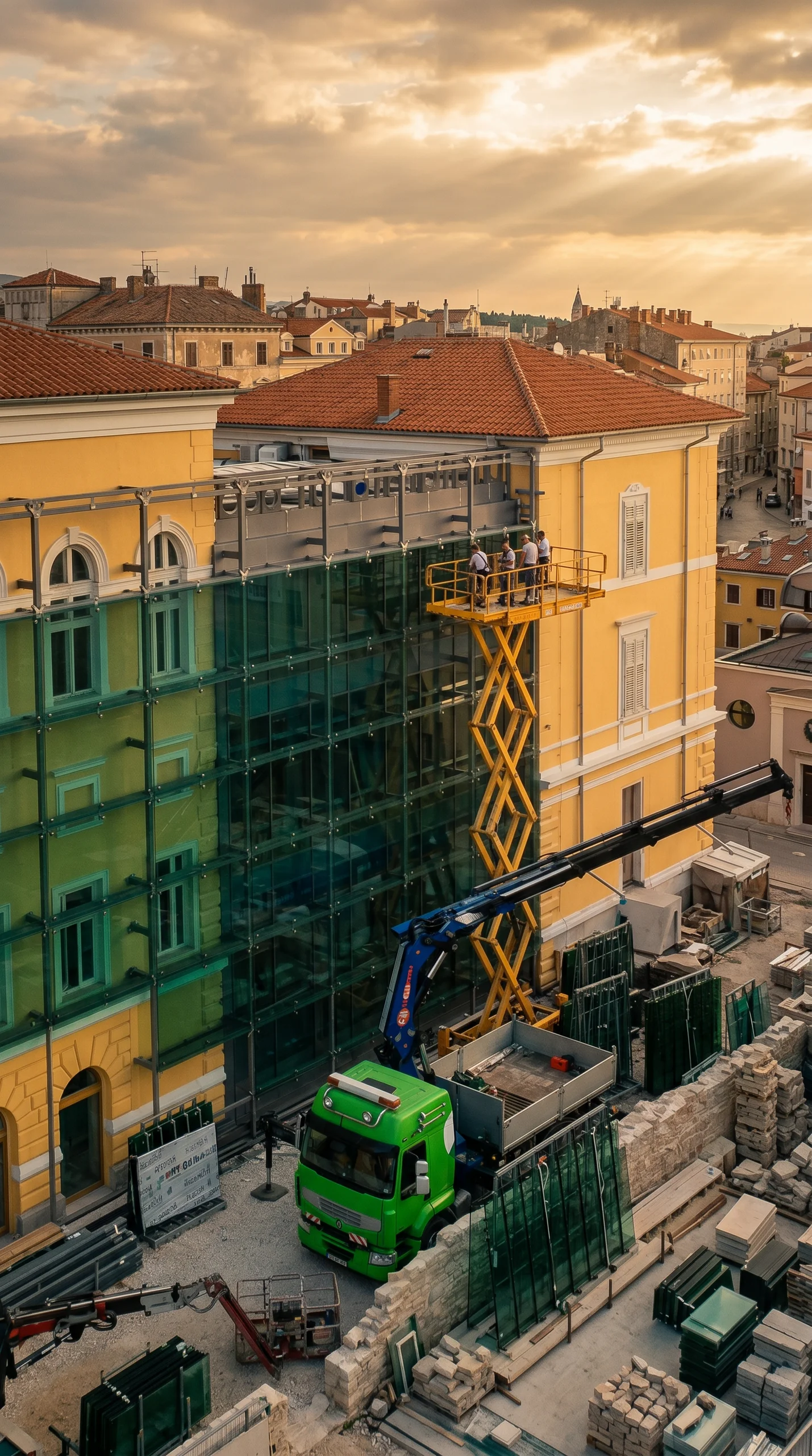 Montaža staklene fasade Arheološkog muzeja Istre pomoću podizne platforme